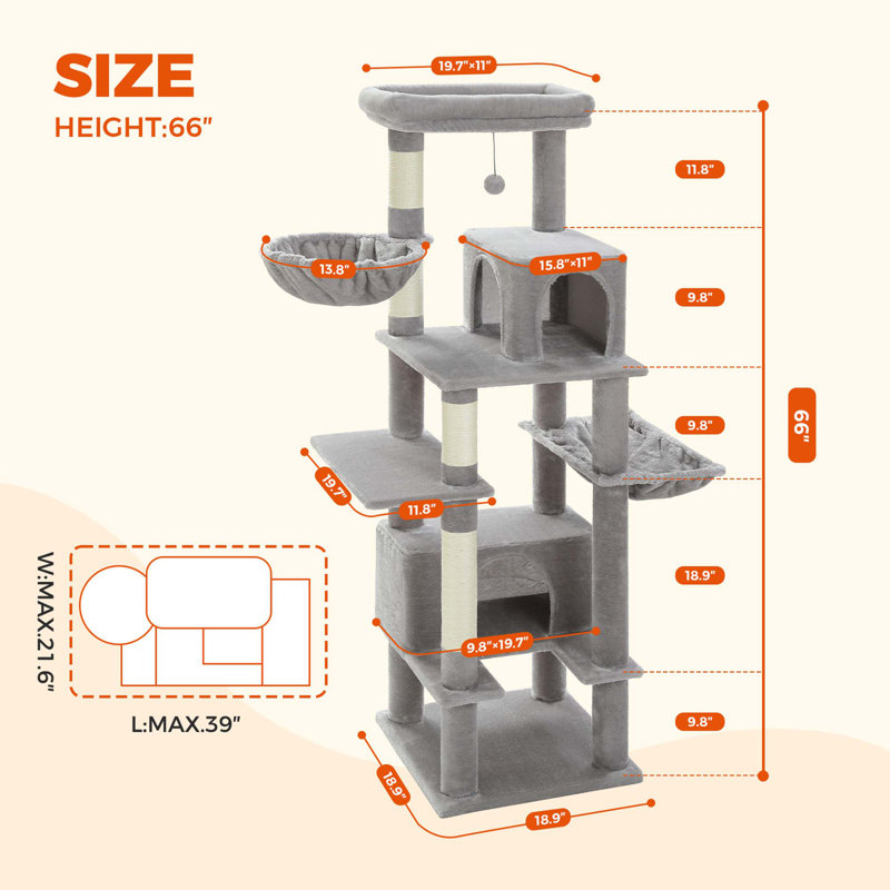 Arbre à chat 66 po, tour pour chat avec poteau à griffes recouvert de sisal, très grand hamac en métal et 2 grands condos