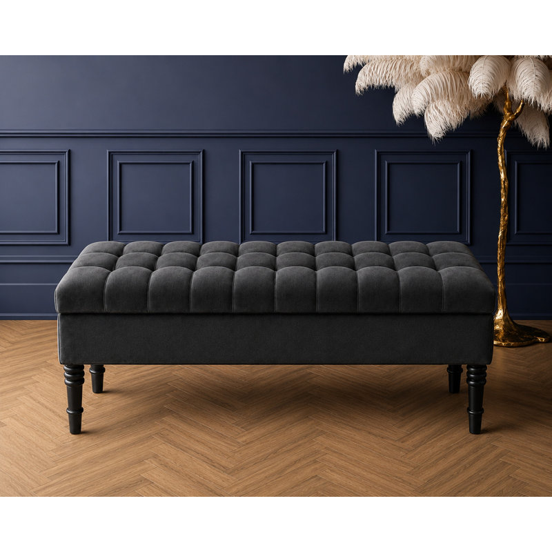 Cubed Tufted Rectangle Ottoman Storage Bench, Upholstered Plush Velvet Shoe Bench with Black Turned Wooden Legs, Black Plush 