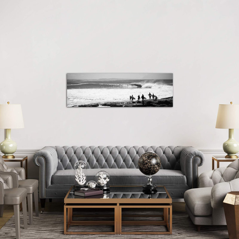 Silhouette Of Surfers Standing On The Beach, Australia - No Frame Panoramic Print on Canvas