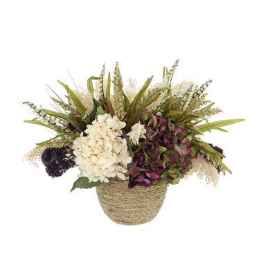 Fall Arrangement with Hydrangeas and Wheat in Rope Pot