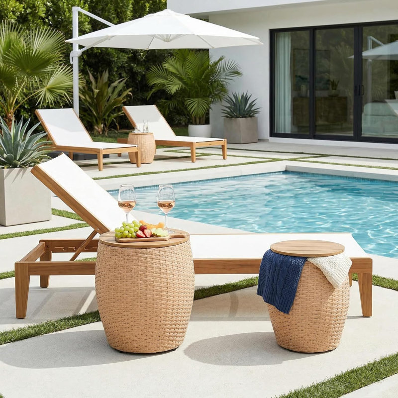 2 Pcs Wicker Rattan Storage Side Tables, Rustic Woven End Table With Removable Wood Panel Top, Outdoor Coffee Tables - 17.72" Dx 18.5" H, Set of 2