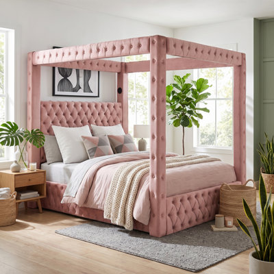 Structure de lit à baldaquin en velours pour très grand lit Cocoon, lit plateforme tapissier avec tête de lit capitonnée, haut-parleur Bluetooth intégré, ports USB-A et USB-C, support robuste 1300LBS