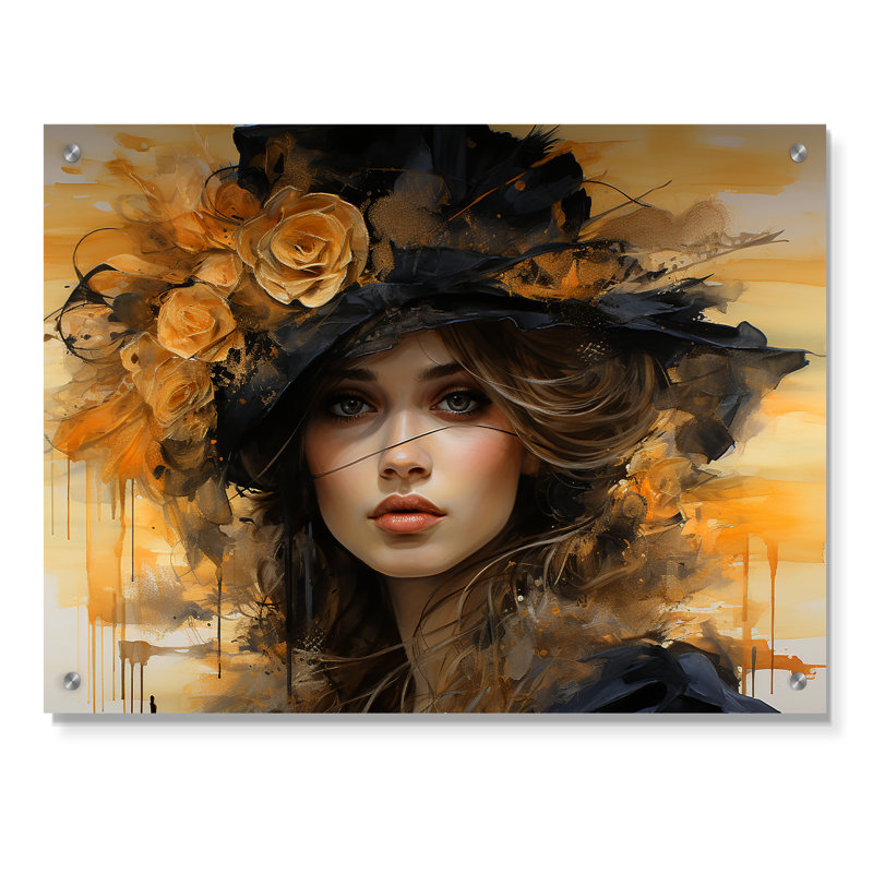 Glam Gilded Elegance Portrait de femme II - mode acrylique, art mural en verre, H 30 po x l 40 po