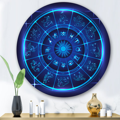 Horoscope néon bleu profond, cercle avec signes du zodiaque - art mural moderne en métal