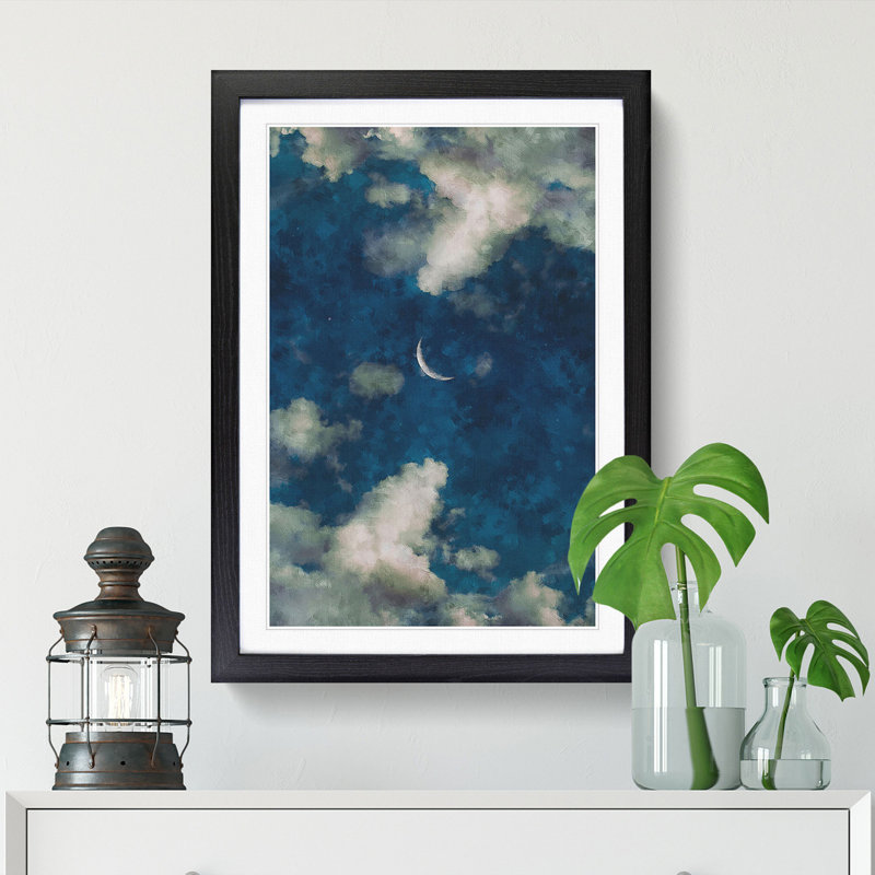 Crescent Moon Through the Clouds 1 Piece Single Picture Frame Painting on MDF, 33cm H x 24cm W x 2cm D, Black Framed