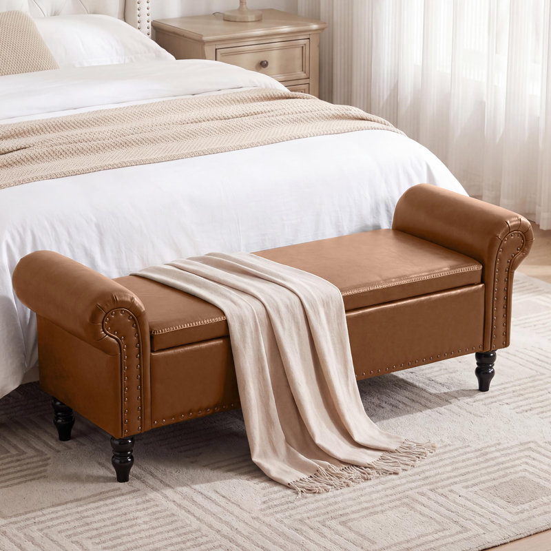 Bancs de rangement 64 po, banc de bout avec rangement, grand repose-pieds rembourré avec capitonnage, Brun rouge