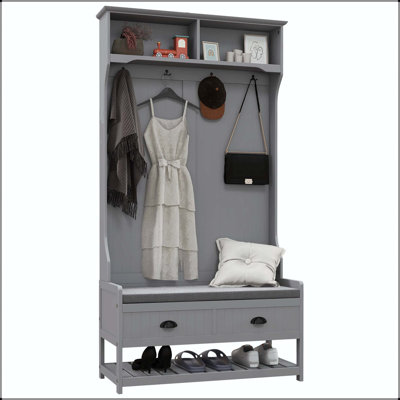 3-in-1 Hall Tree with Padded Bench, 4 Hooks & 2 Drawers, Gray