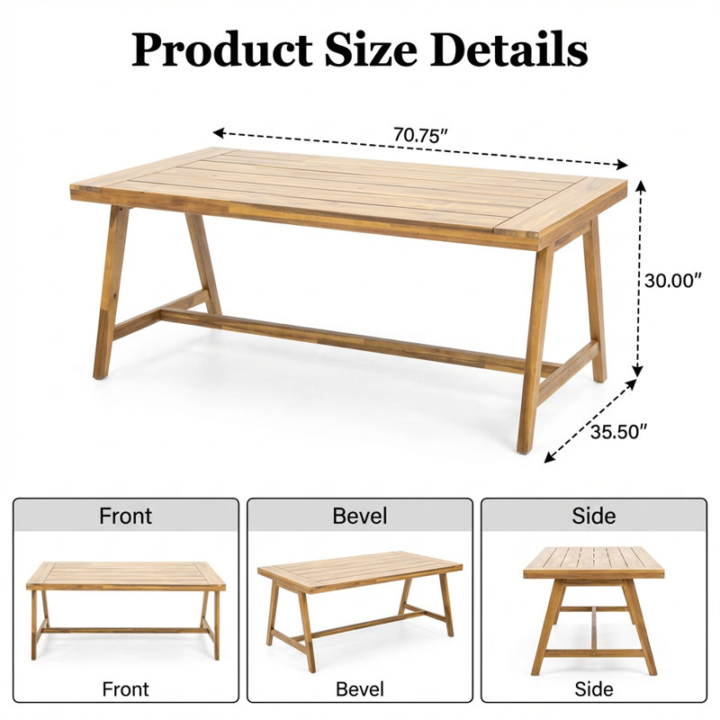 Table de salle à manger spacieuse avec bancs assortis en bois d'acacia massif et fini
