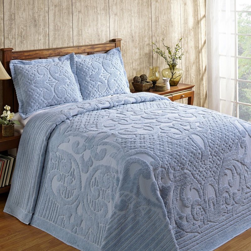 Ashton Chenille Bedspread Full/Double Size, 100% Cotton Floral Medallion Coverlet, Traditional Textured Heirloom Bedding, Soft Breathable All-Season Comfort, OEKO-TEX Certified, Machine Washable, Blue