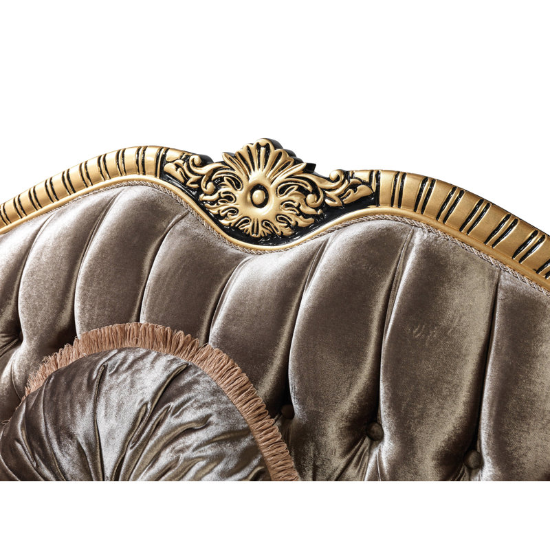 Haben Button Tufted Sofa with 5 Pillows in Light Green, Gold and Black High Gloss