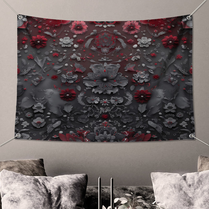 Tapisserie murale arrangement floral rouge - décoration murale florale, 50in H x60in W with 4 Grommets