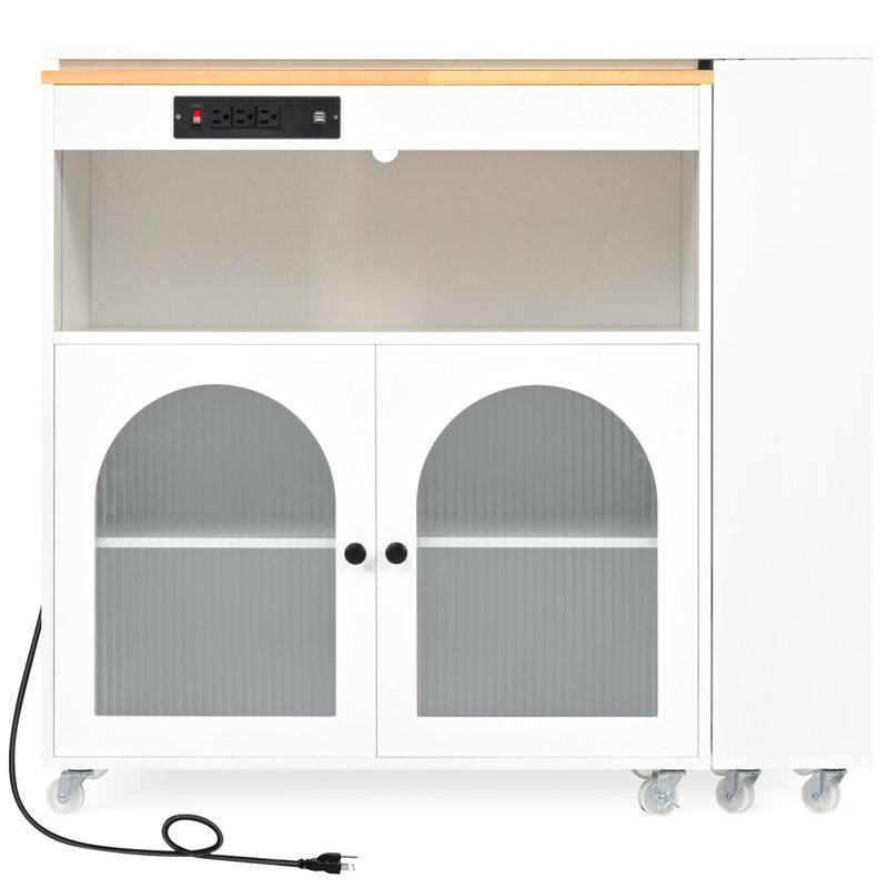 Classic Rolling Kitchen Island - Led Lighting, Power Socket, 2 Fluted Glass Doors, Storage, White On Wheels With Extended Table, White, Stable & Functional Construction