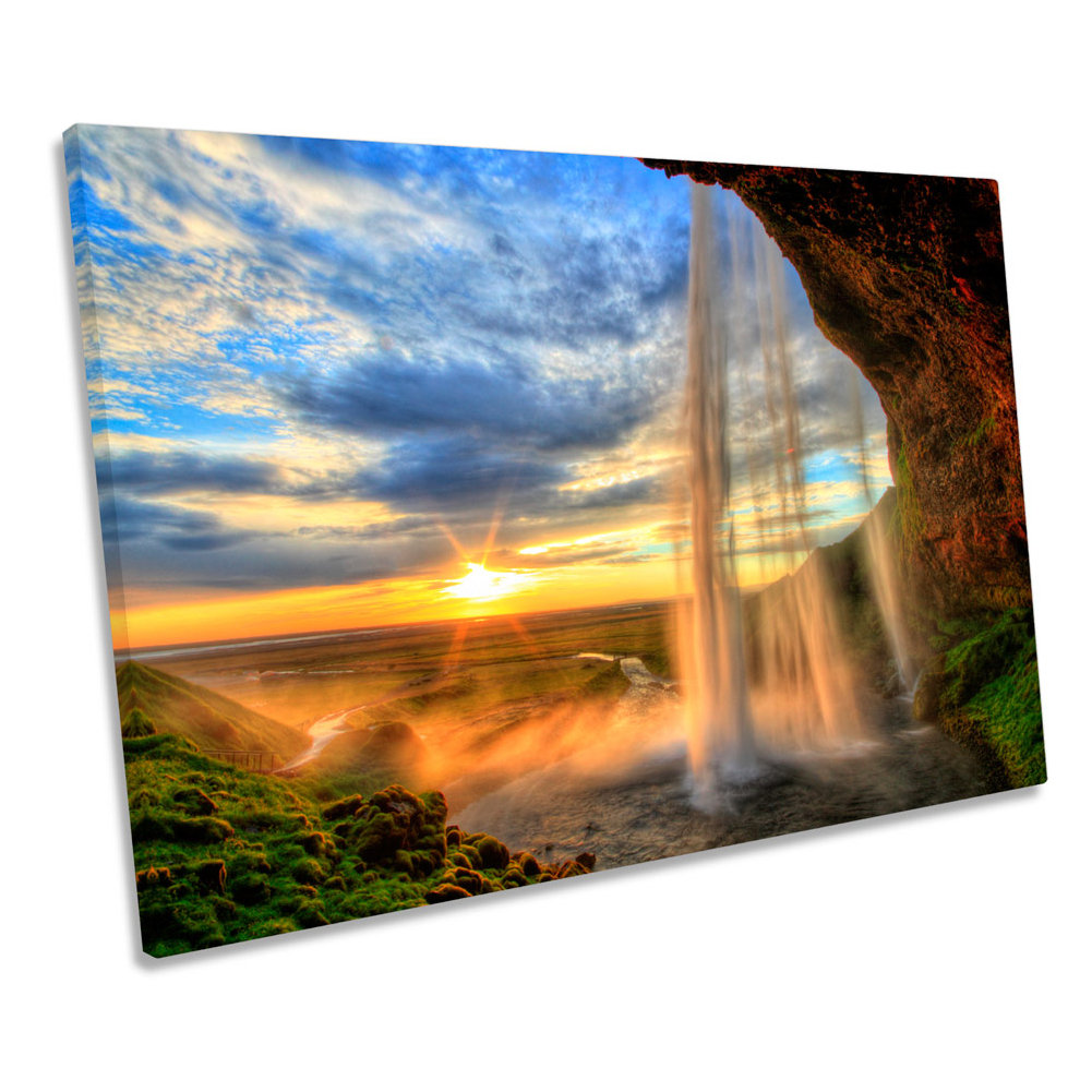 Iceland Sunset Waterfall - Wrapped Canvas Photograph
