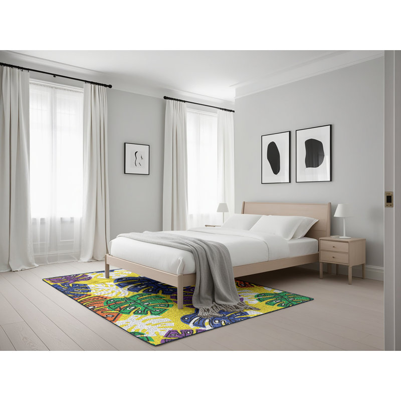 Tapis jaune/bleu/vert à motifs, Rectangle 5 pi x 7 pi