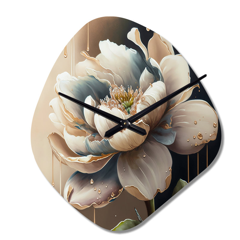 Crème fleur blanche - horloge murale en métal à forme unique florale, impression d'horloge murale asymétrique traditionnelle