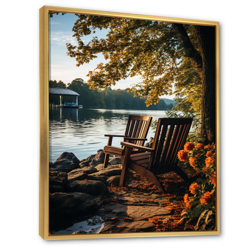 " Waterfront Benchs I ", Gold Floater Framed, 44" H x 34" W x 1.5" D