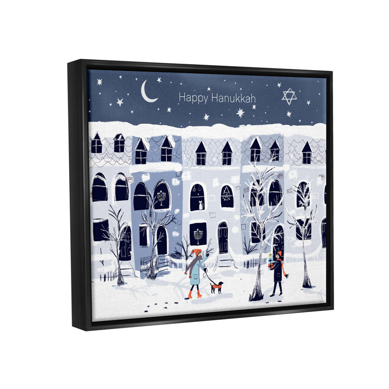 «Happy Hanukkah Winter City Scene» par Susse Linton, impression, Cadre flottant noir de jais, H 17 po x l 21 po x P 1,7 po