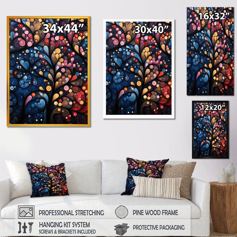 Fantaisie floral rose et bleu arbre 1 - Art mural africain, Cadre photo argenté, H 44 po x l 34 po x P 1,5 po