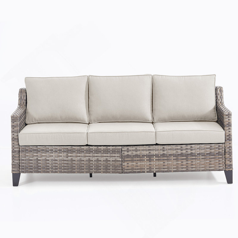 73.2 Inch Outdoor Patio Sofa, 3-Seat Gray Rattan Couch With Beige Cushions For Balcony Or Porch, Beige