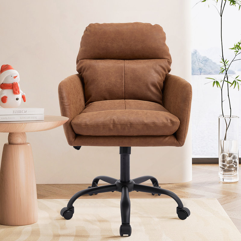 Cuir artificiel, similicuir, base noire, hauteur réglable, convient au bureau, à la chambre à coucher, à la coiffeuse et à d'autres environnements. Une chaise de bureau. Brun