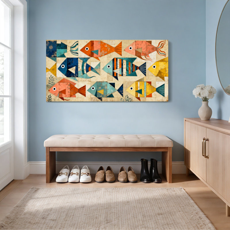 «Geometric Fish», ensemble de 1 reproduction d'art sur toile tendue, H 24 po x l 48 po