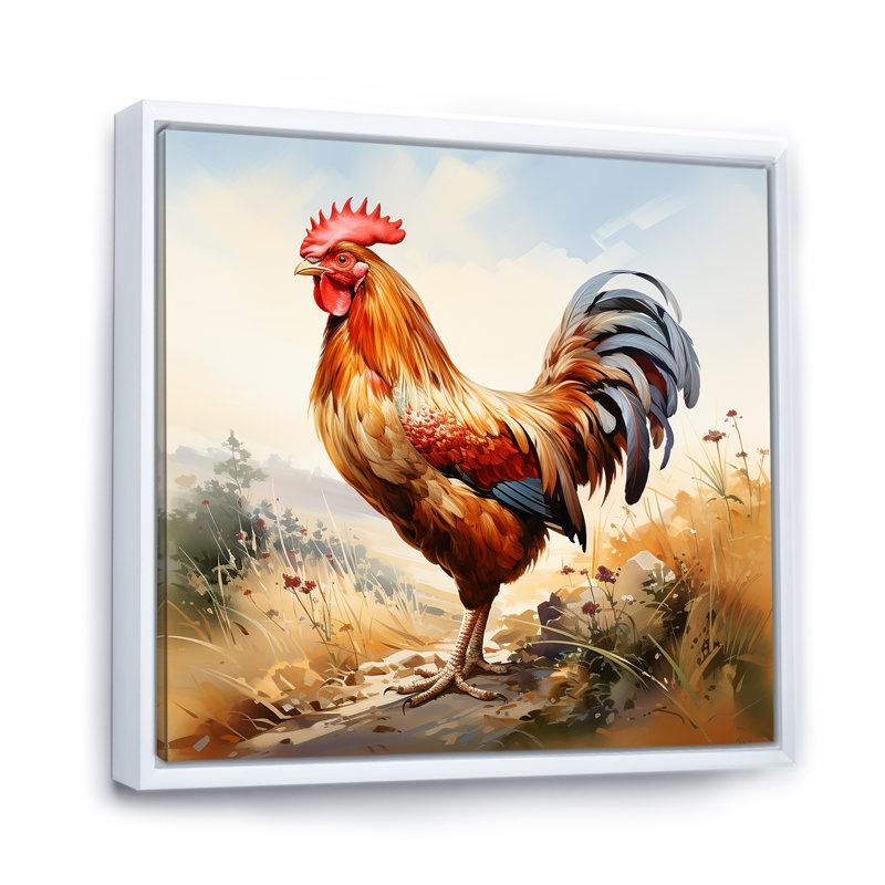Red Roosters Farmy Ard Meadows - Art mural coq, Cadre flottant blanc, H 30 po x l 30 po x P 1,5 po