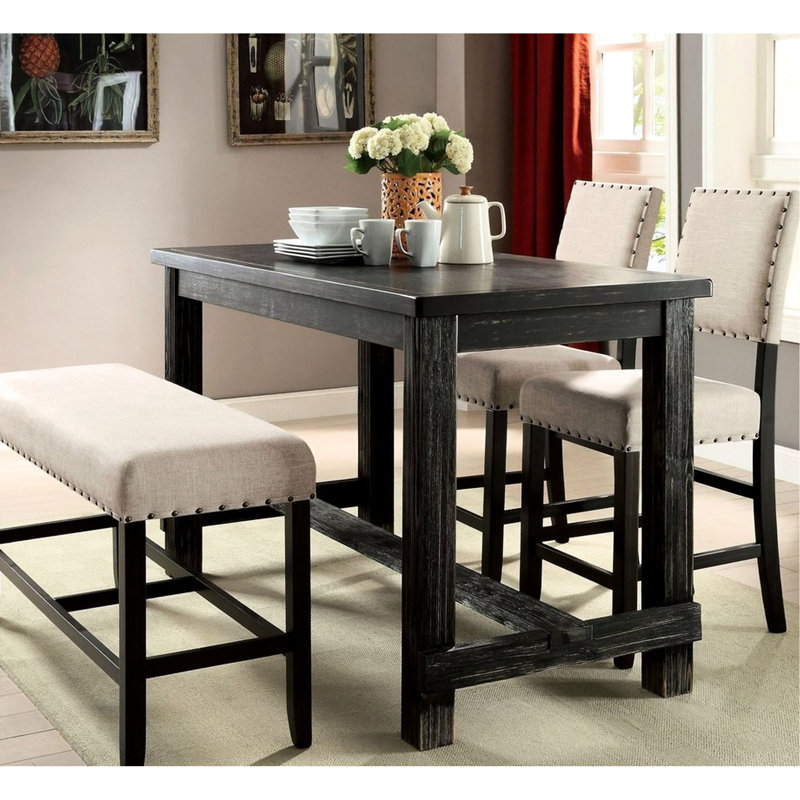 Table de salle à manger à hauteur de comptoir antique antique - charme rustique, plateau solide noir classique, stable