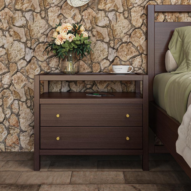 Double-Drawer Charging Nightstand With Streamlined Bullet Handles, Coffee
