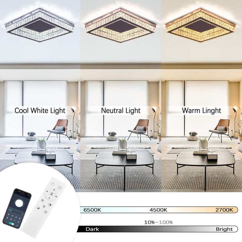 Modern Square Crystal Led Ceiling Light 17.7 Inch  6500k 2720lm For Living Room, Bedroom, Kitchen, Balcony, Basement And Office (not Dimmable)
