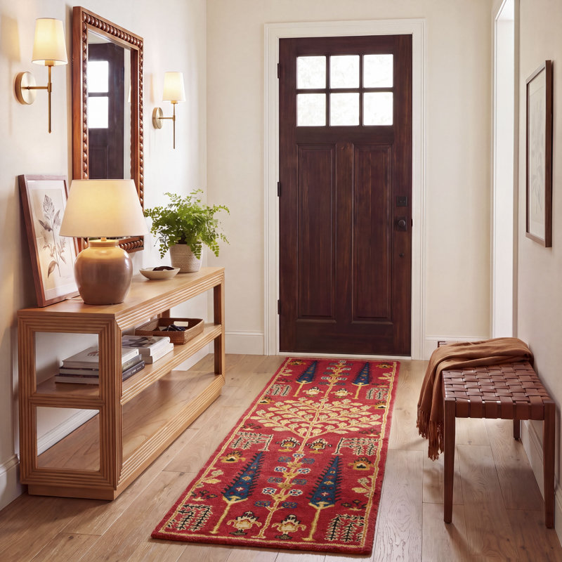 Tapis rouge en laine touffeté à la main Wahcheechee, Tapis de couloir 2 pi 3 po x 8 pi