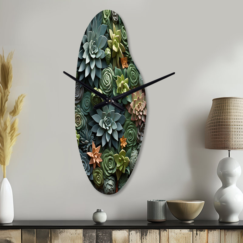 Green Succulents Natures Sculptures - Grande sculpture d'horloge murale verte, Grand