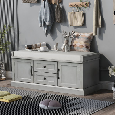 Banc de rangement avec 2 tiroirs et 2 armoires, banc à chaussures avec coussin amovible pour le salon, vestibule