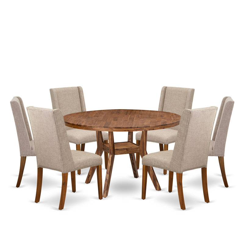 E496581798A24F82AC90CEF4560DF140 - 7-Pc Modern Dining Set - A Table and 6 Light Tan Linen Fabric Chair, Antique Walnut