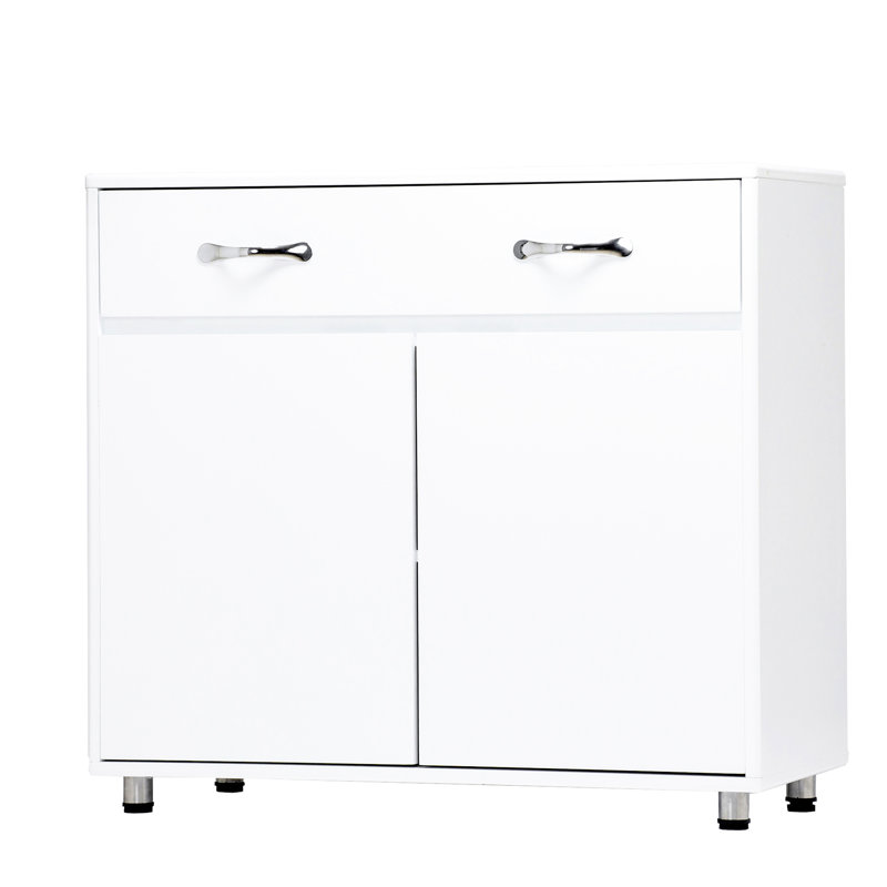 White Two Door Side Table: Versatile Cabinet For Living, Entry, Kitchen, Bedroom. Excellent Painting Process & E1 . Simple Design With Flowing Lines. Assembly Required. Safe Steel Tube Legs Rubber