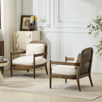 Mid - Century Modern 26.6" Accent Chairs With Brown Solid Wood Frame, Beige Cushion, And For Relaxing In Home Of 2 Cushioned Frame Reading Nook Comfort