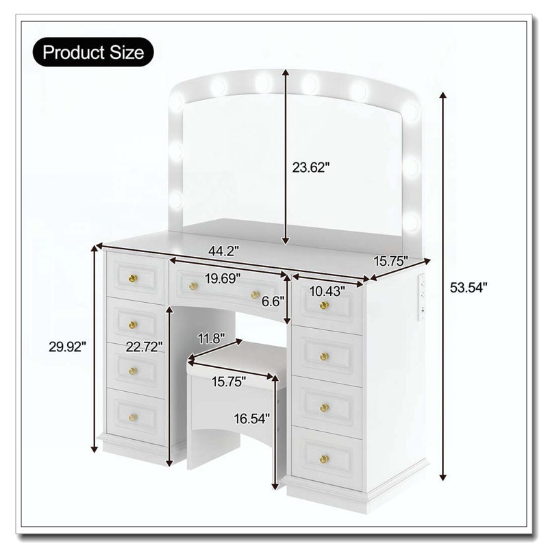 Makeup Vanity with 10 Hollywood Bulbs, 3 Color Lighting Modes, Classic Dressing Table with Cushioned Stool