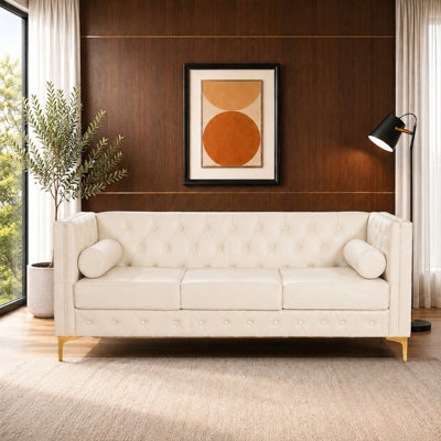 78.5" Cream White Faux Leather Sofa Couch for Living Room, Luxury Button Tufted 3 Seater Sofa with Gold Metal Legs and Bolster Pillows, Modern Mid Century Couch for Apartment, Bedroom and Office