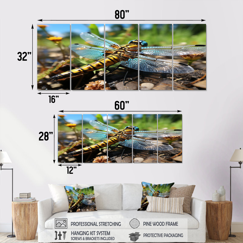 «Blue Fluttering Dragonfly III» - décoration murale 5 pièces libellule, H 28 po x l 60 po