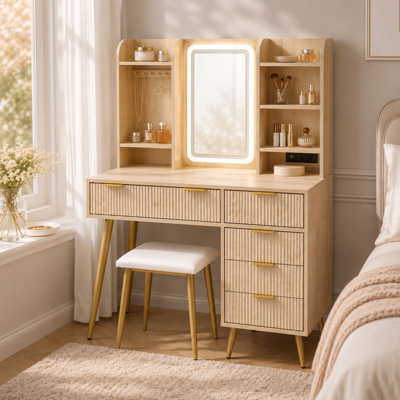 Ensemble de coiffeuse avec miroir lumineux à DEL et prise de courant, bureau de coiffeuse cannelé à 5 tiroirs avec tablettes de rangement ouvertes et tabouret rembourré, station de maquillage pour chambre à coucher moderne en bois clair