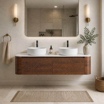 60-Inch Wall-Mounted Double-Sink Bathroom Vanity with Sintered Stone Top, White Ceramic Basins and Towel Rack