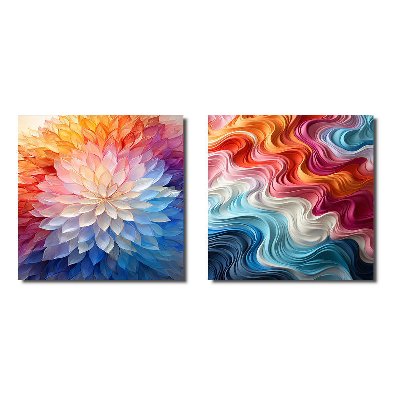 Multicolore Op Art Kaléidoscope éthéré - Collages abstraits carrés, ensemble de 2 collages, Toile tendue, H 36 po x l 73 po