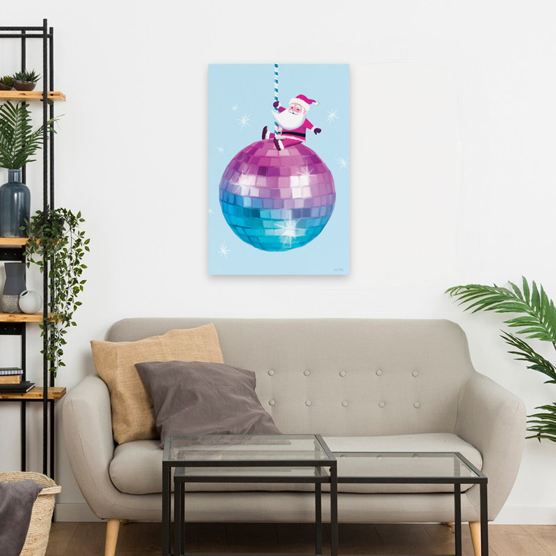 «Pink Santa's Ball Drop» - art de boule disco du père Noël contemporain, H 24 po x l 16 po