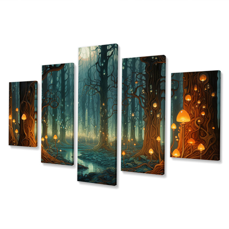 «Glowing Lights In The Full Moon Forest Magic», impression d'art mural prairie - 5 panneaux