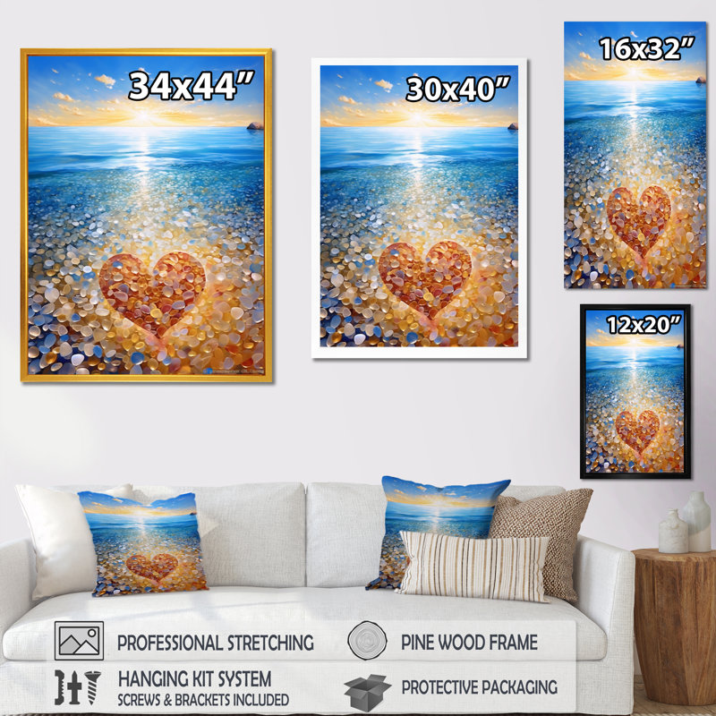 Cœur rouge vibrant sur une plage de galets tropicale, H 32 po x l 24 po x P 1 po, Toile tendue