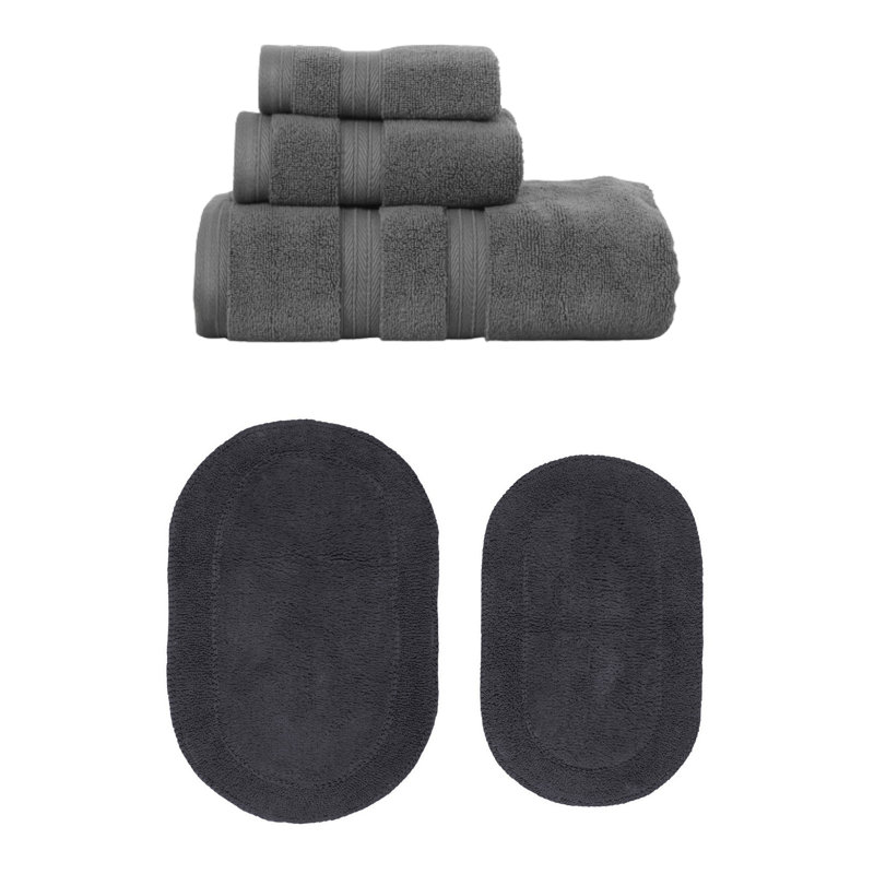 Brunk Collection 100% Soft Cotton 3 Pc Towel Set & 2 Pc Bath Rug Set, (Set of 5), Dark Gray