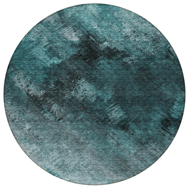 Tapis extérieur rond lavable abstrait bleu sarcelle et turquoise 8 pi