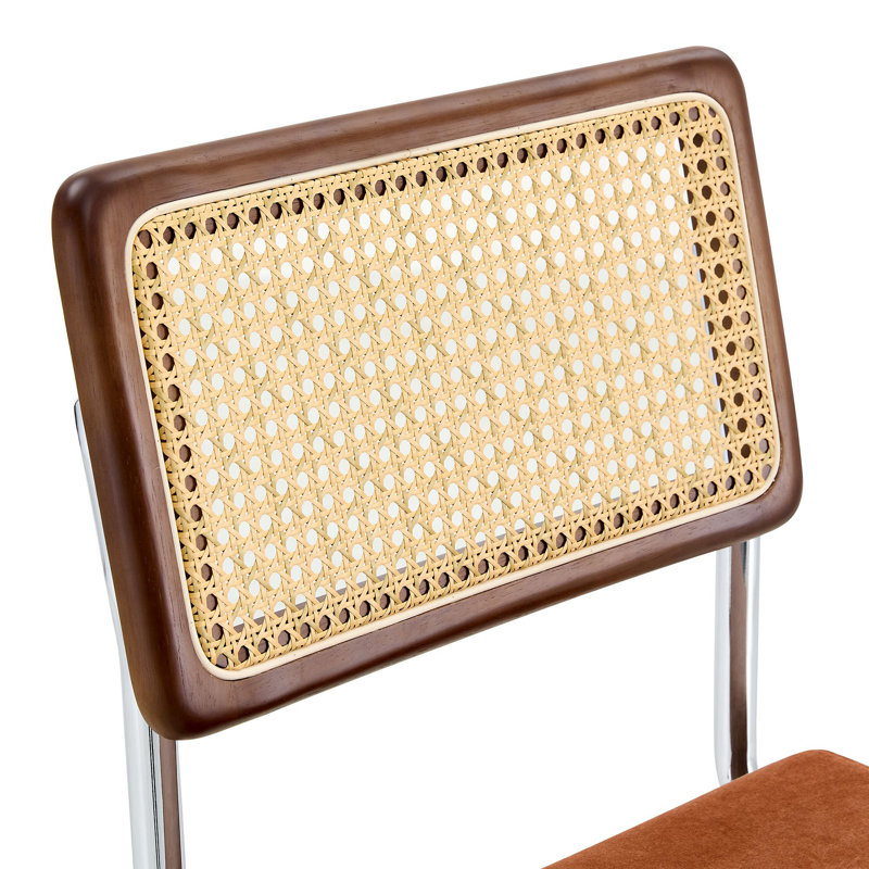 Upholstered Counter Stool with Rattan Cane Back and Metal Frame (Set of 2), Orange/Velvet