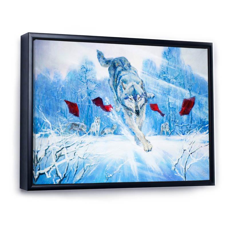 Paysage hivernal «Loup sautant» - peinture sur toile, H 31 po x l 41 po x P 1,5 po, Cadre noir