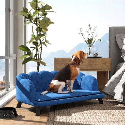 Grand canapé pour chien en velours avec coussin en mousse Pawhut, lit pour chien doux et mignon avec motif perlé, canapé pour grands et moyens chiens, bleu foncé