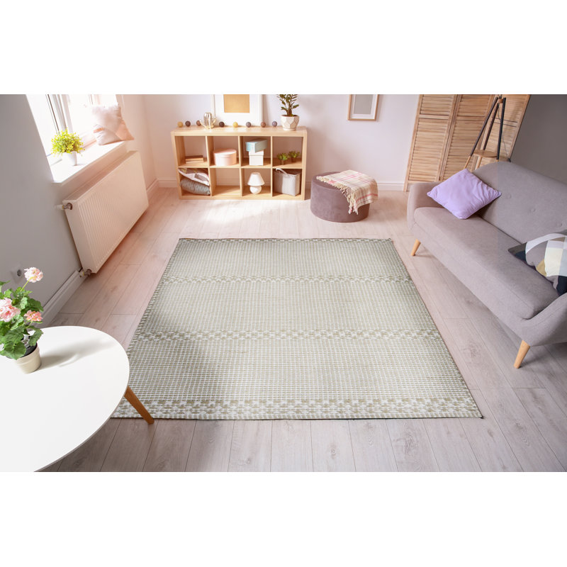 Tapis rayé en coton tissé à plat à la main beige, Rectangle 4 pi x 6 pi